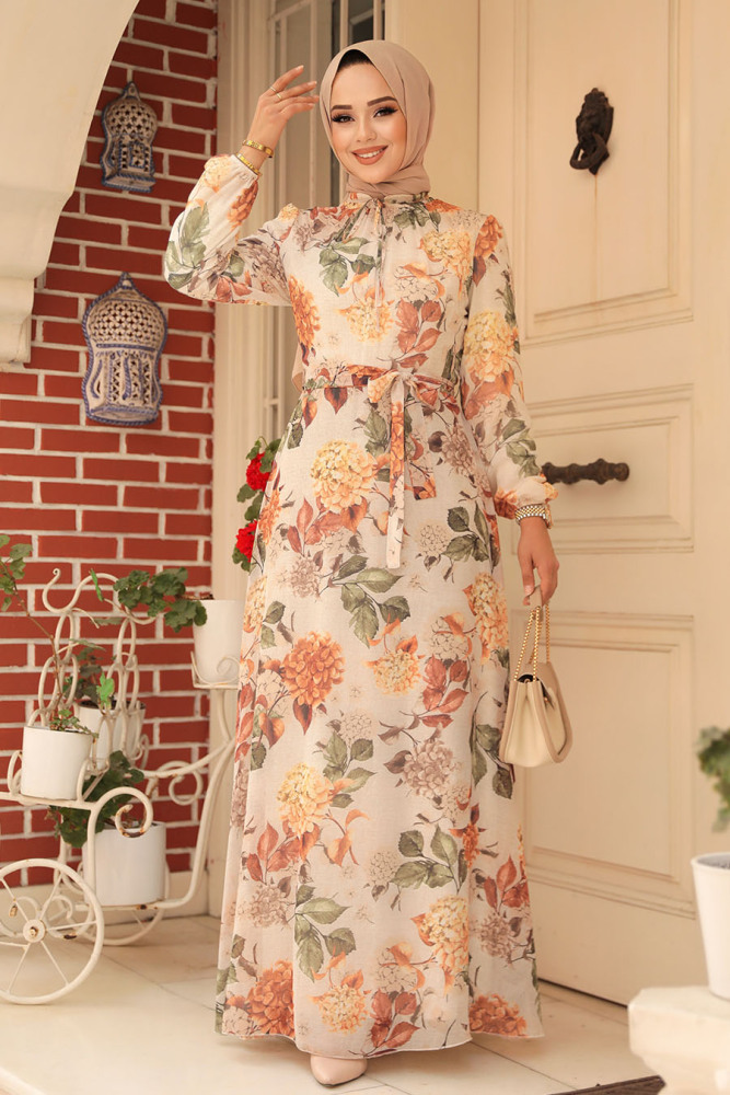Neva Style - Çiçek Desenli Krem Tesettür Elbise 279083KR - 2