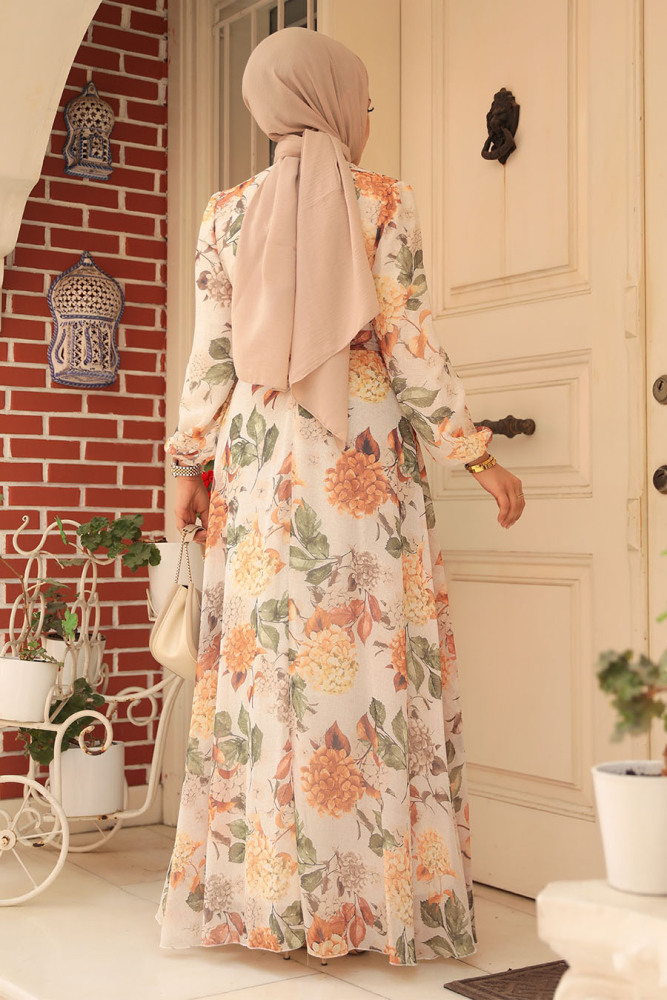 Neva Style - Çiçek Desenli Krem Tesettür Elbise 279083KR - 4