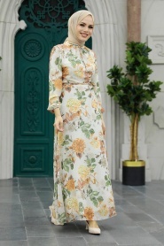 Neva Style - Çiçek Desenli Krem Tesettür Elbise 279083KR - Thumbnail