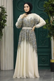 Neva Style - Çiçek Desenli Krem Tesettür Elbise 39821KR - Thumbnail