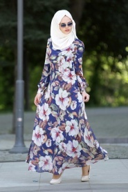Neva Style - Çiçek Desenli Lacivert Elbise 7032-08L - Thumbnail