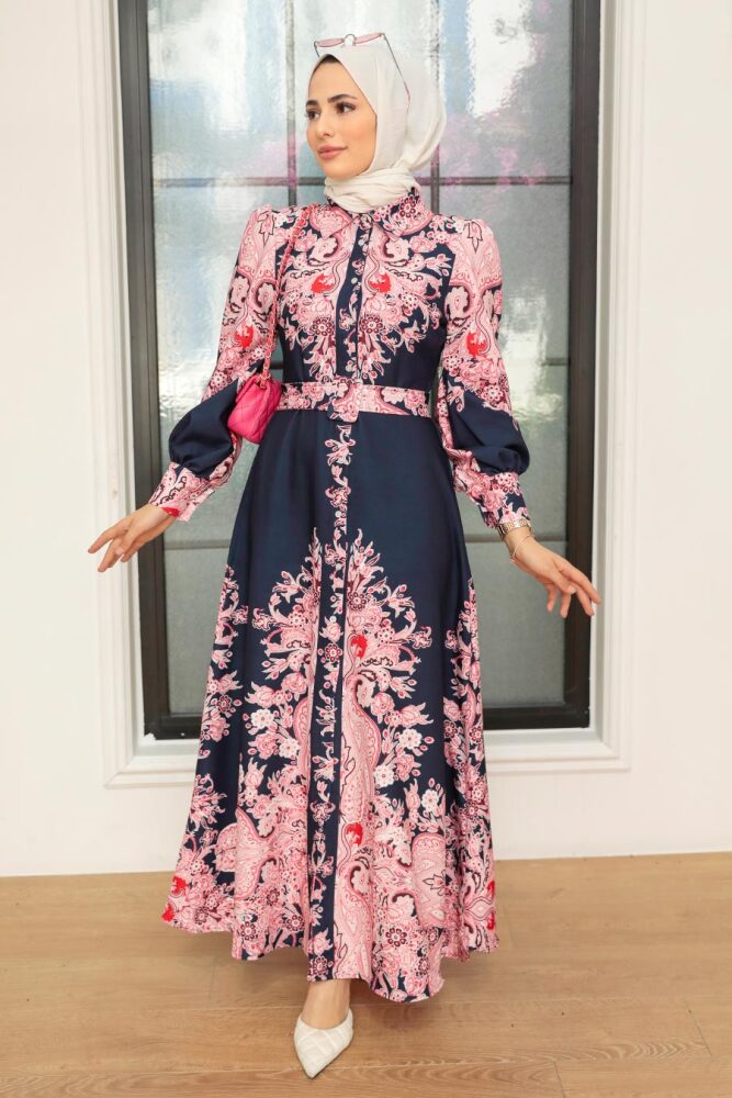 Neva Style - Çiçek Desenli Lacivert Tesettür Atlas Elbise 22134L - 1