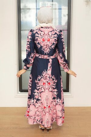 Neva Style - Çiçek Desenli Lacivert Tesettür Atlas Elbise 22134L - 2