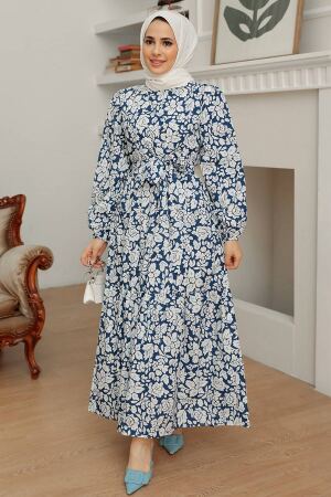 Neva Style - Çiçek Desenli Lacivert Tesettür Elbise 22923L - 1