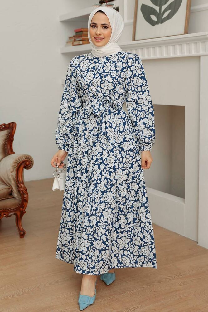 Neva Style - Çiçek Desenli Lacivert Tesettür Elbise 22923L - 1