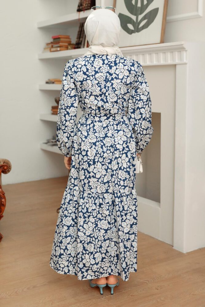 Neva Style - Çiçek Desenli Lacivert Tesettür Elbise 22923L - 2