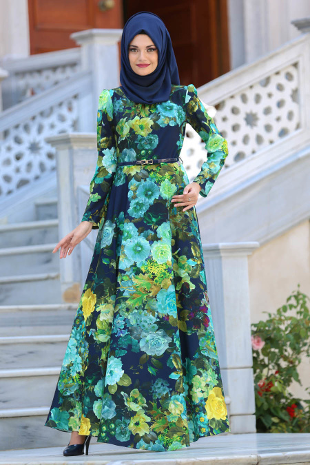 Neva Style - Çiçek Desenli Lacivert Tesettür Elbise 2415L