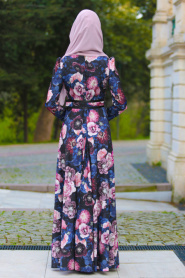 Neva Style - Çiçek Desenli Lacivert Tesettür Elbise 2416L - Thumbnail