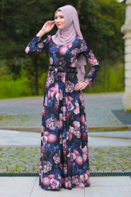 Neva Style - Çiçek Desenli Lacivert Tesettür Elbise 2416L - Thumbnail