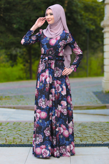 Neva Style - Çiçek Desenli Lacivert Tesettür Elbise 2416L