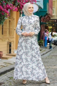 Neva Style -Çiçek Desenli Lacivert Tesettür Elbise 279012L - Thumbnail