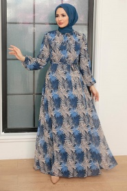 Neva Style - Çiçek Desenli Lacivert Tesettür Elbise 279076L - Thumbnail
