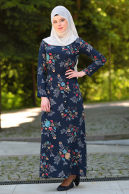 Neva Style - Çiçek Desenli Lacivert Tesettür Elbise 53542L - Thumbnail
