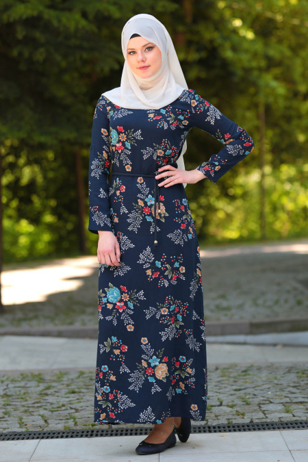 Neva Style - Çiçek Desenli Lacivert Tesettür Elbise 53542L