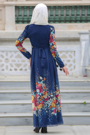 Neva Style - Çiçek Desenli Lacivert Tesettür Elbise 7719L - Thumbnail