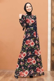 Neva Style - Çiçek Desenli Lacivert Tesettür Elbise 815243L - Thumbnail