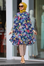 Neva Style - Çiçek Desenli Lacivert Tesettür Tunik 21950L - Thumbnail