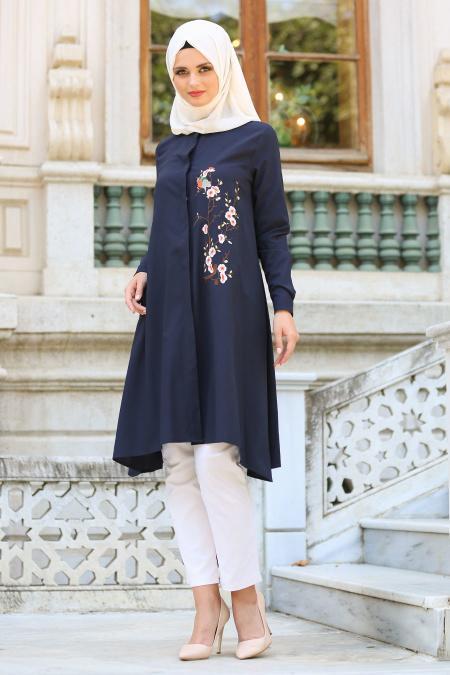 Neva Style - Çiçek Desenli Lacivert Tesettür Tunik 52290L - 1
