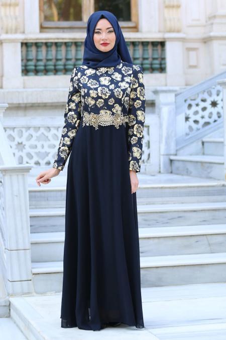Neva Style - Çiçek Desenli Lacivert Tesettürlü Abiye Elbise 2699L - 1