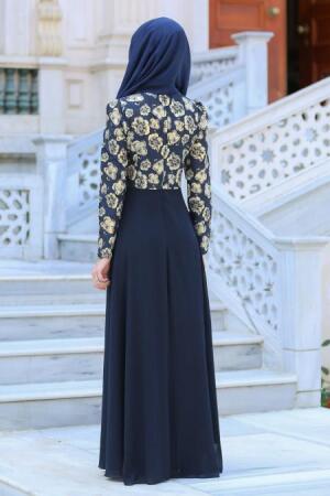 Neva Style - Çiçek Desenli Lacivert Tesettürlü Abiye Elbise 2699L - 2