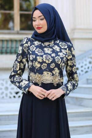 Neva Style - Çiçek Desenli Lacivert Tesettürlü Abiye Elbise 2699L - 3
