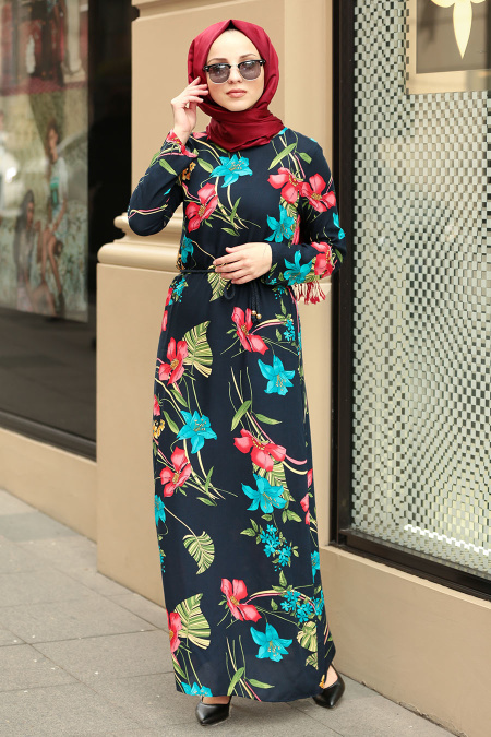 Neva Style - Çiçek Desenli Lacivert Tesettürlü Elbise 53543L