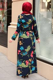 Neva Style - Çiçek Desenli Lacivert Tesettürlü Elbise 53543L - Thumbnail
