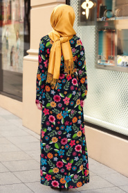 Neva Style - Çiçek Desenli Lacivert Tesettürlü Elbise 53549L - Thumbnail