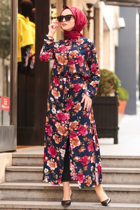 Neva Style - Çiçek Desenli Lacivert Tunik Elbise 140L
