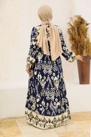 Neva Style - Çiçek Desenli Lacivert Tesettür Elbise 50004L - Thumbnail