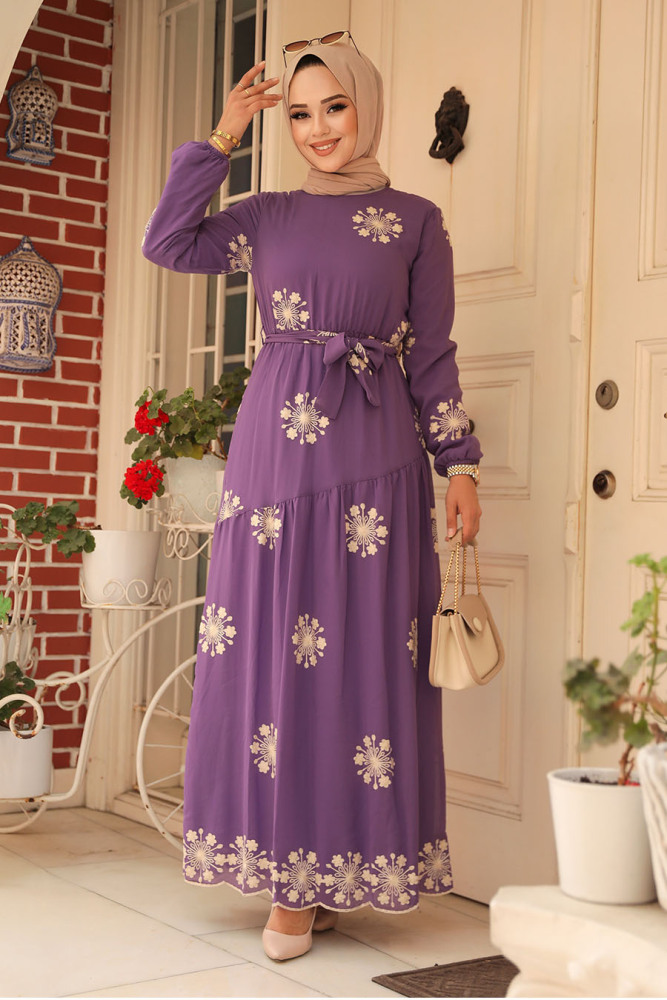 Neva Style - Çiçek Desenli Lila Tesettür Elbise 1332LILA - 1