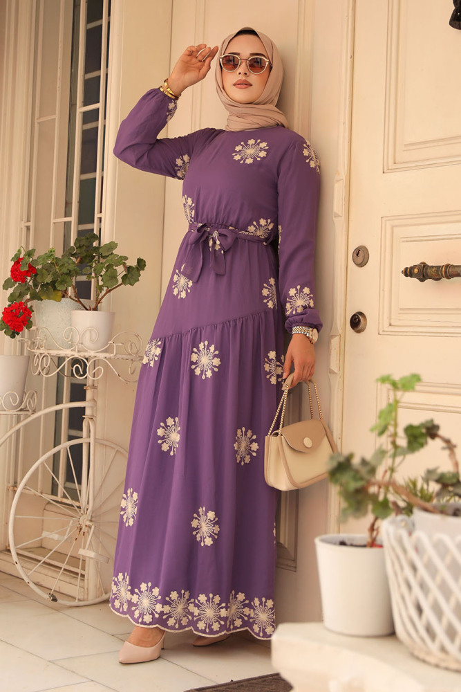 Neva Style - Çiçek Desenli Lila Tesettür Elbise 1332LILA - 2