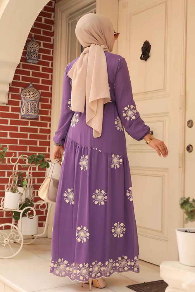 Neva Style - Çiçek Desenli Lila Tesettür Elbise 1332LILA - 3
