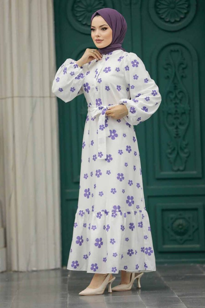 Neva Style - Çiçek Desenli Lila Tesettür Elbise 13461LILA - 1