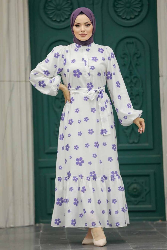 Neva Style - Çiçek Desenli Lila Tesettür Elbise 13461LILA - 2