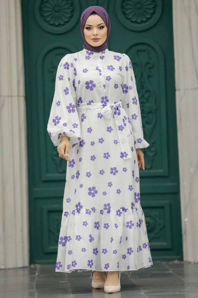 Neva Style - Çiçek Desenli Lila Tesettür Elbise 13461LILA - 3