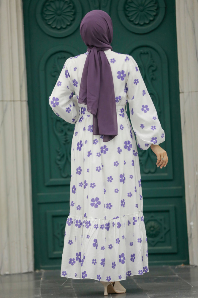 Neva Style - Çiçek Desenli Lila Tesettür Elbise 13461LILA - 4