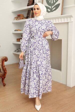 Neva Style - Çiçek Desenli Lila Tesettür Elbise 22923LILA - 1