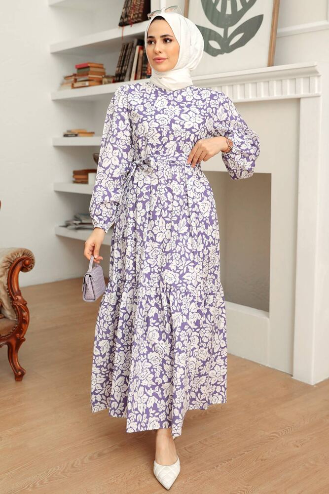 Neva Style - Çiçek Desenli Lila Tesettür Elbise 22923LILA - 1
