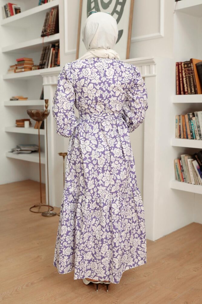 Neva Style - Çiçek Desenli Lila Tesettür Elbise 22923LILA - 2