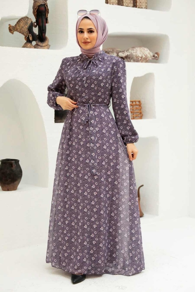  Çiçek Desenli Lila Tesettür Elbise 279045LILA - 1