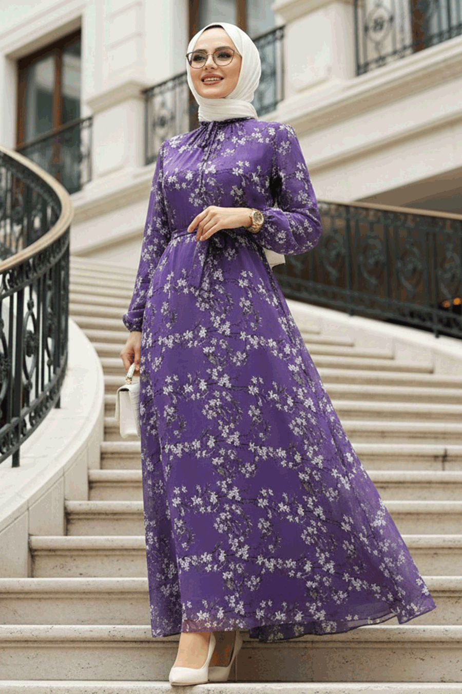 Çiçek Desenli Lila Tesettür Elbise 279048LILA