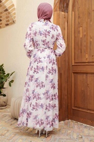 Neva Style - Çiçek Desenli Lila Tesettür Elbise 279061LILA - Thumbnail