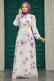 Neva Style - Çiçek Desenli Lila Tesettür Elbise 279314LILA - Thumbnail