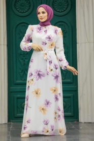 Neva Style - Çiçek Desenli Lila Tesettür Elbise 279314LILA - Thumbnail