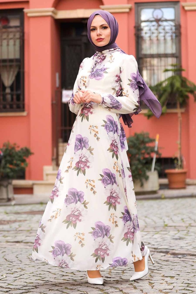  Çiçek Desenli Lila Tesettür Elbise 28901LILA - 1