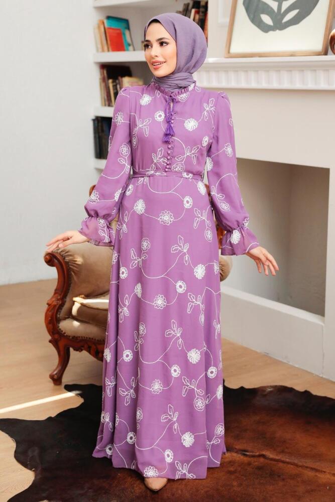 Neva Style - Çiçek Desenli Lila Tesettür Elbise 32944LILA - 1