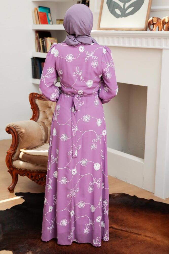 Neva Style - Çiçek Desenli Lila Tesettür Elbise 32944LILA - 2