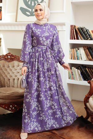 Neva Style - Çiçek Desenli Lila Tesettür Elbise 56830LILA - 1