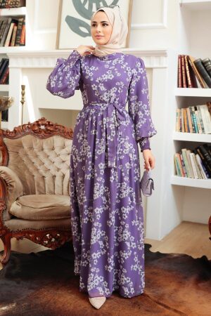 Neva Style - Çiçek Desenli Lila Tesettür Elbise 56830LILA - 2